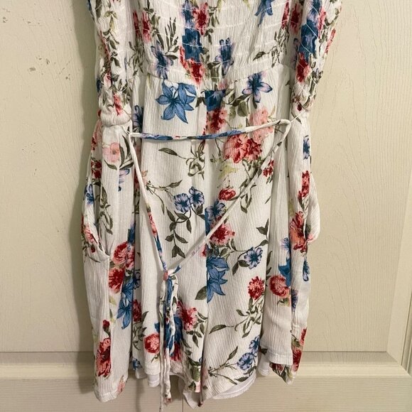 Lily Rose Womens White Floral Smocked Tie Waist Pockets Sleeveless Romper XL - Picture 6 of 8